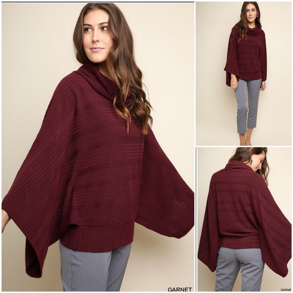 Umgee Sweaters - Burgundy Ribbed Sweater w/ Kimono Sleeves/Cowlneck